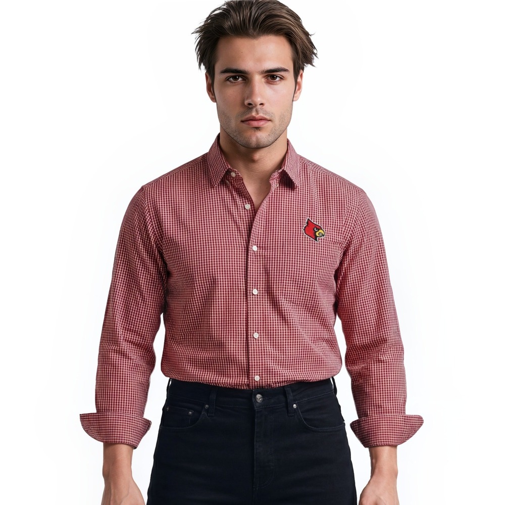Antigua UL Louisville‎ Cardinals Shirt Men's Size Large Red Check Button Up